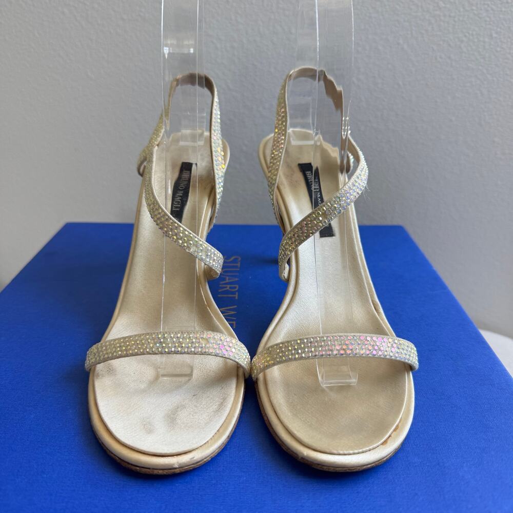 Vtg Y2K Bruno Magli Yellow Gold Mermaid Rhinestone Strappy Slingback Heels